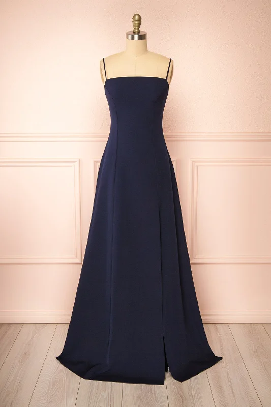 Estella Navy | Maxi A-line Dress w/ Slit