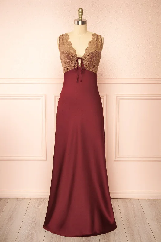 Evara Burgundy | Maxi Satin Slip Dress w/ Lace