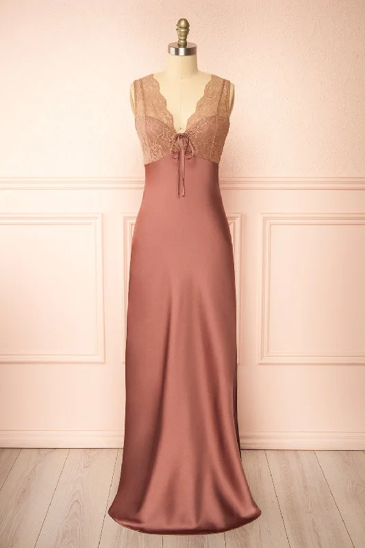 Evara Mauve | Maxi Satin Slip Dress w/ Lace