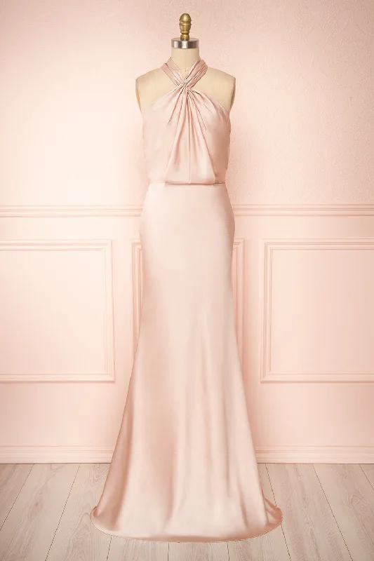 Jinny Champagne | Satin Halter Maxi Dress