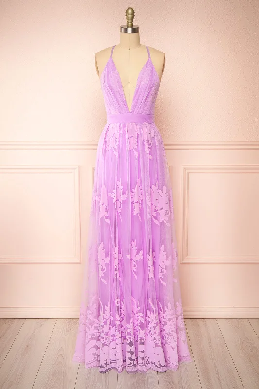 Kailania Lavender | Plunging Neckline Mesh Maxi Gown