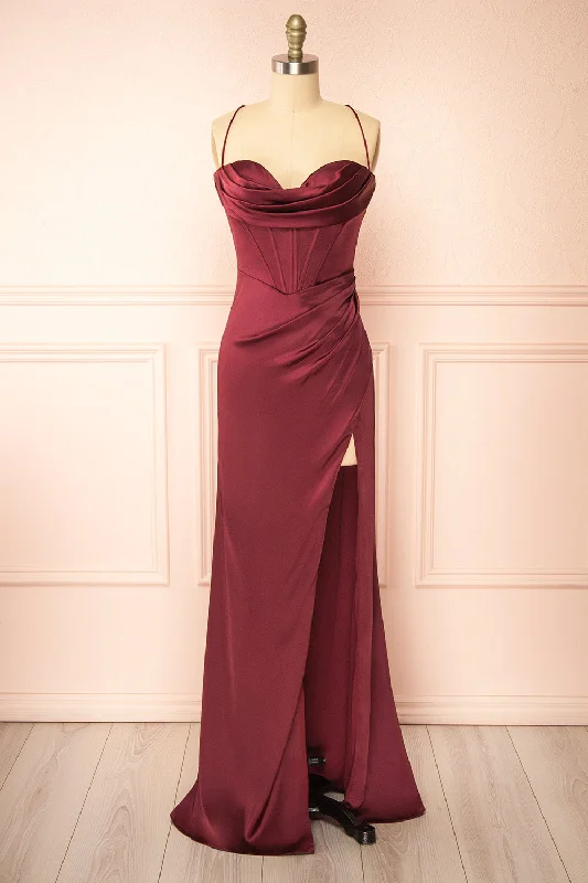 Kesha Burgundy | Corset Cowl Neck Maxi Dress