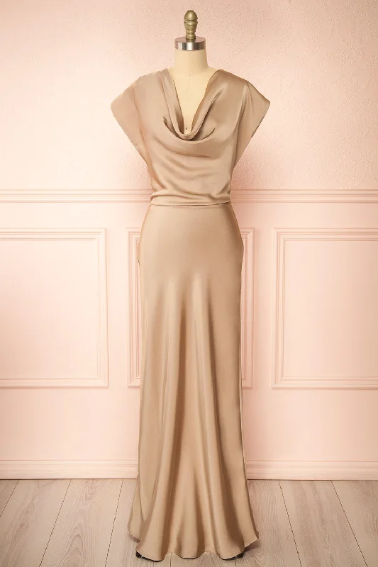 Korpa Champagne | Satin Maxi Dress w/ Cowl Neck