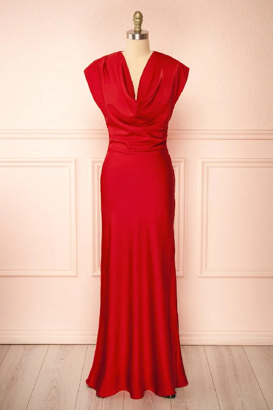 Korpa Red | Satin Maxi Dress w/ Cowl Neck