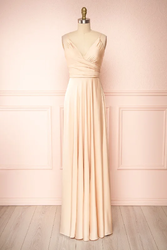 Lizza Beige | Satin Maxi Dress w/ Slit