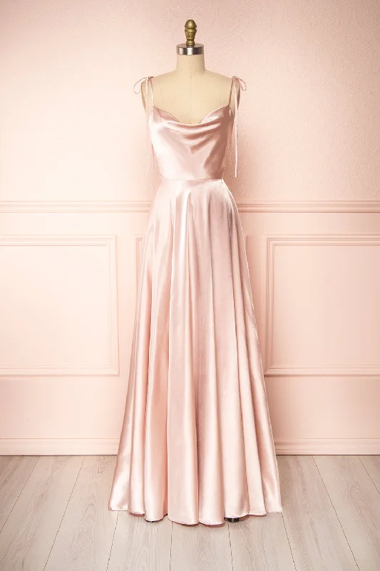 Moira Blush | Cowl Neck Satin Maxi Dress w/ High Slit