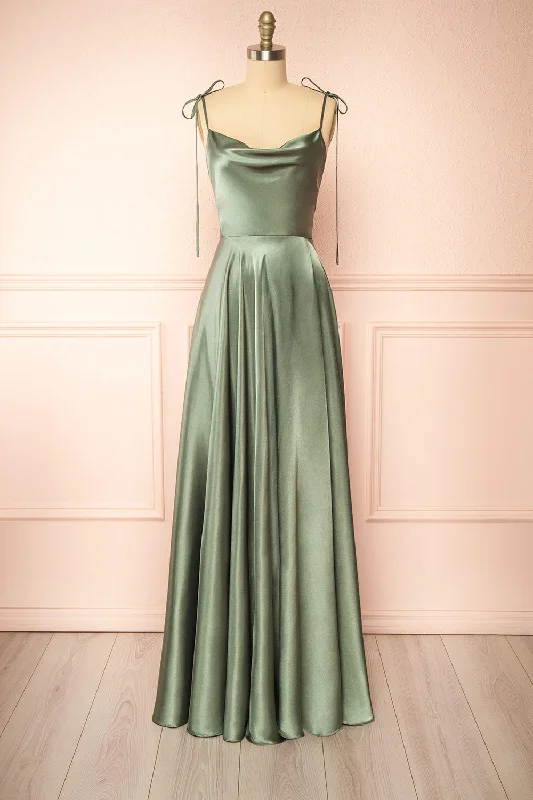 Moira Khaki | Cowl Neck Satin Maxi Dress w/ High Slit