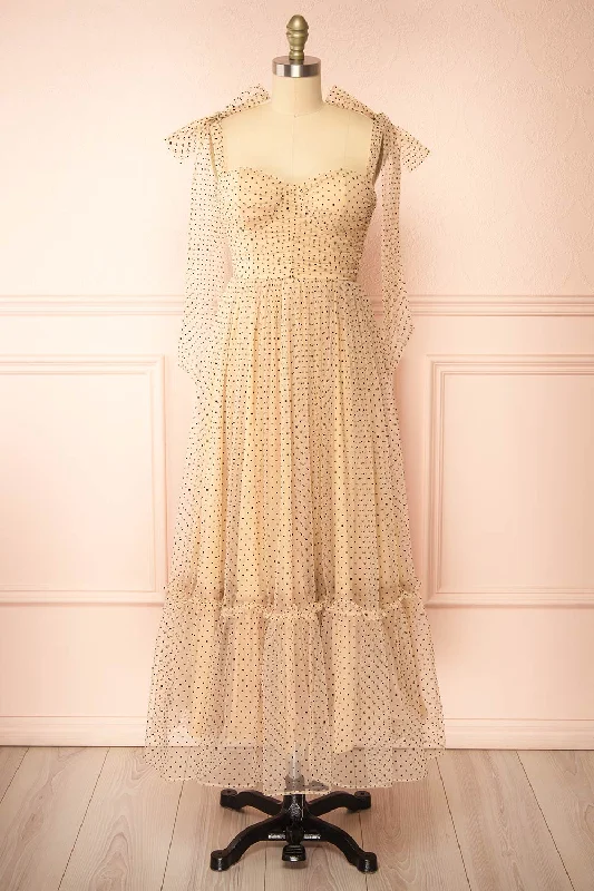 Polkarine | Cream Tulle Maxi Dress w/ Polka Dots