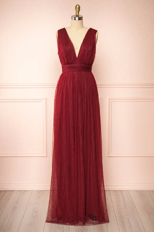 Samina Burgundy | Tulle Maxi Dress w/ Plunging Neckline