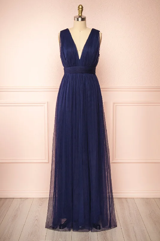 Samina Navy | Tulle Maxi Dress w/ Plunging Neckline