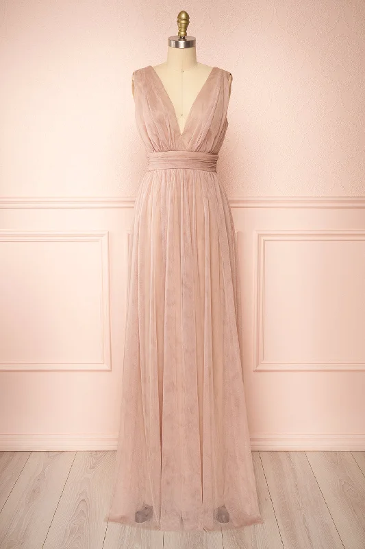 Samina Taupe | Tulle Maxi Dress w/ Plunging Neckline