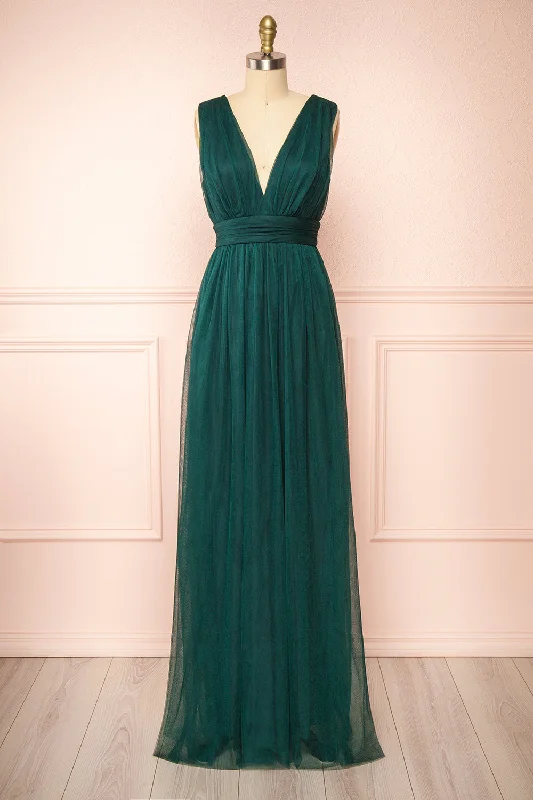 Samina Green | Tulle Maxi Dress w/ Plunging Neckline