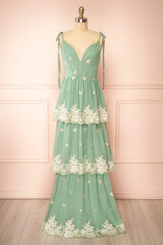 Taliana Sage | Chiffon Maxi Dress w/ Floral Embroidery