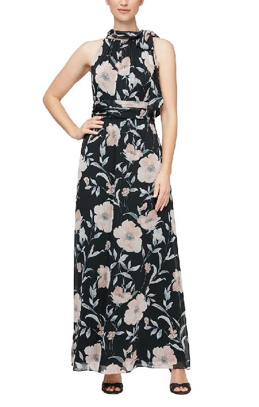 Printed Chiffon Maxi Dress with Tie Neck Detail