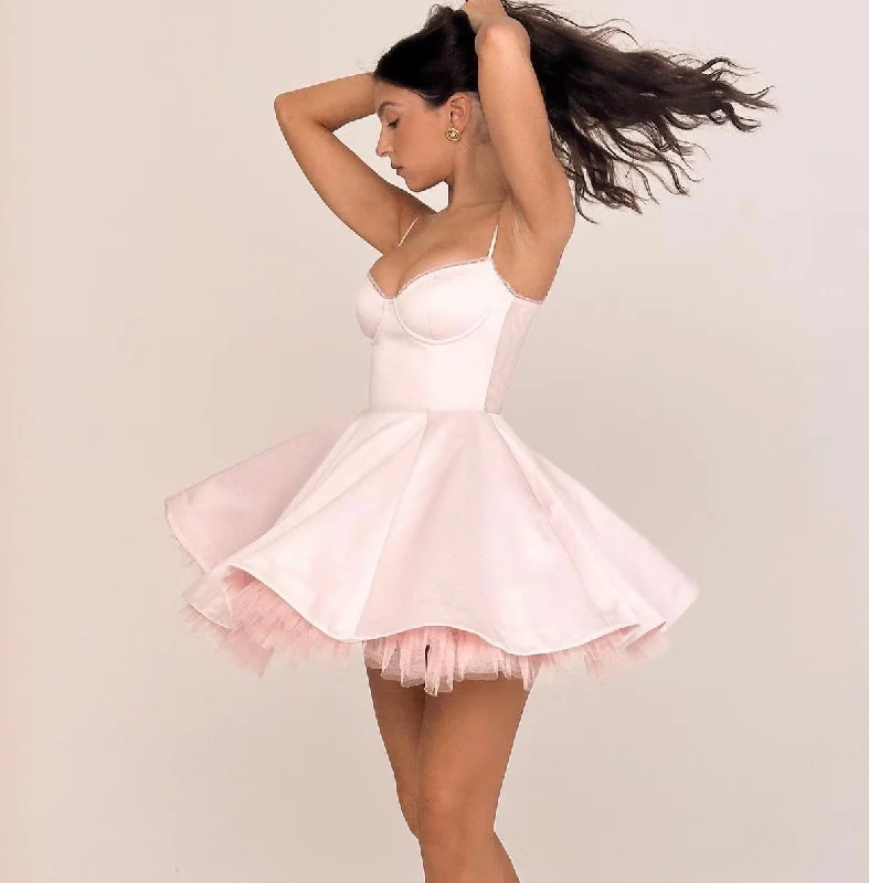 Satin Tulle Frill Charming Strap Mini Dress