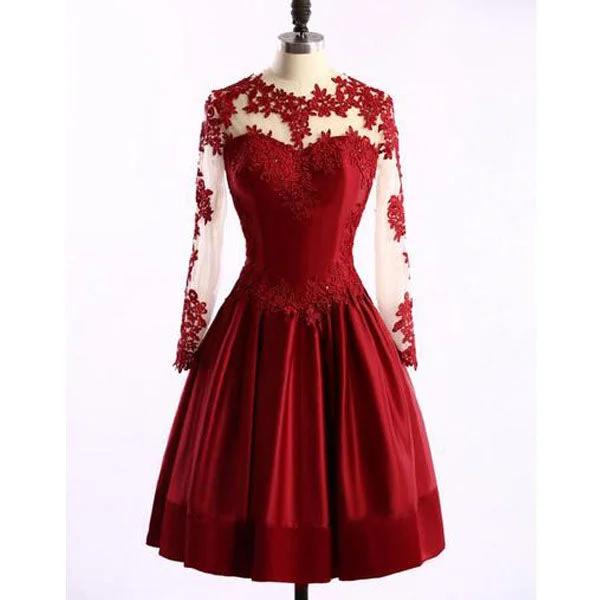 Mini Long Sleeve Red  Lace Homecoming Dress