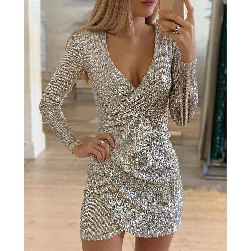 FashionSierra - New Fashion Long Sleeve Sequin Deep V-neck women slim fit mini dress