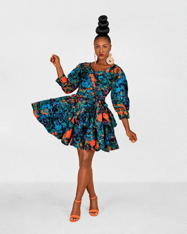 Peng Ankara Mini Dress | Blue Orange Multicoloured  Print