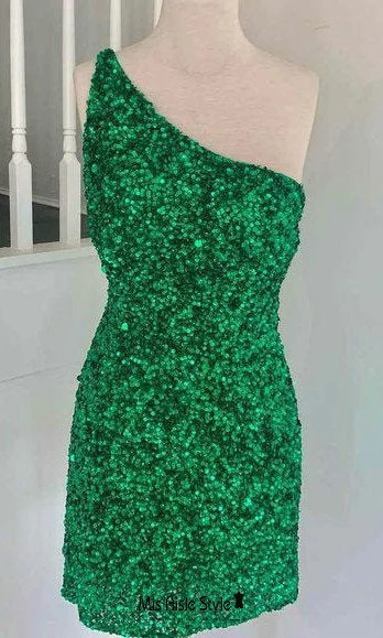 Sexy Mini One Shoulder Green Sequins Homecoming Dress