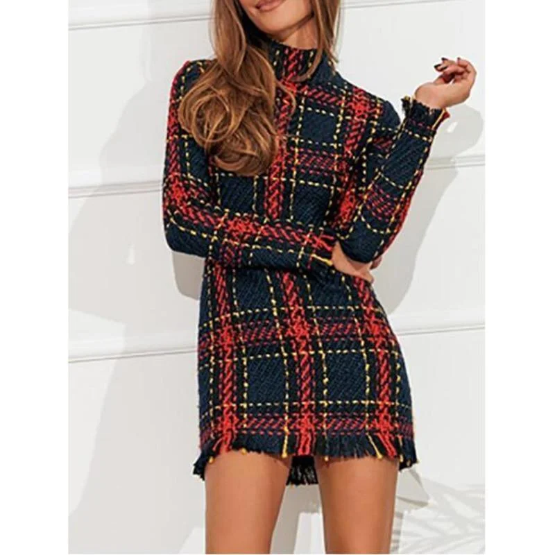 FashionSierra - Striped plaid tassel dress women Long sleeve mini tweed dresses