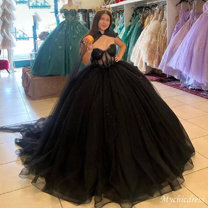 2025 Black Tulle Ball Gown Quince 15 Dresses Sweetheart Wedding Gown with Cape