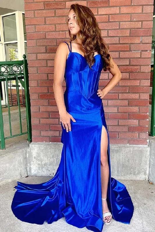 Mermaid Corset Wedding Guest Dress Royal Blue Prom Dress With Slit