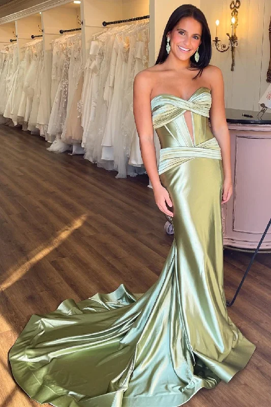 New Sage Green Prom Dress Satin Strapless Wedding Guest Dress Mermaid