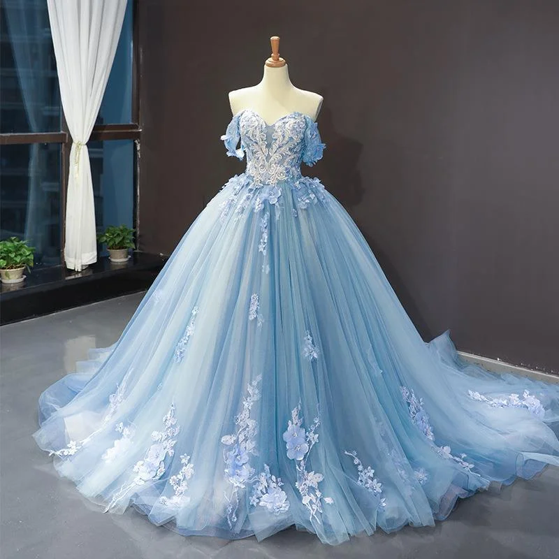 Off the Shoulder 3D Flowers Blue Wedding Dress