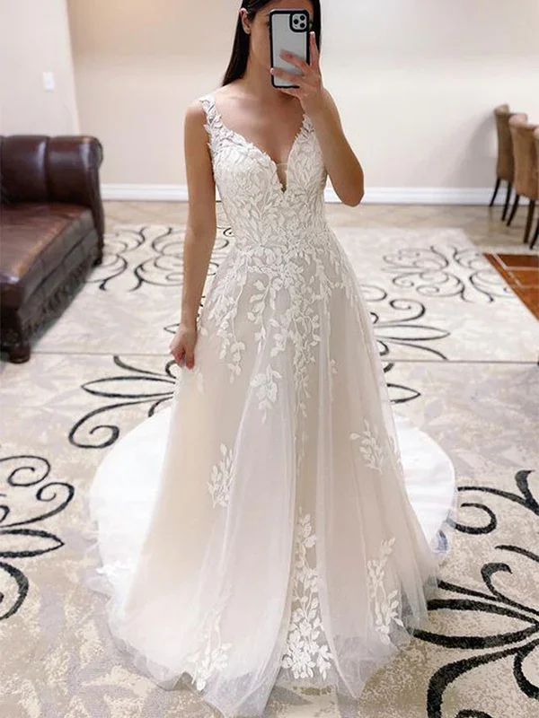 V neck Vintage Lace Wedding Dresses A-line Straps Sweep Train