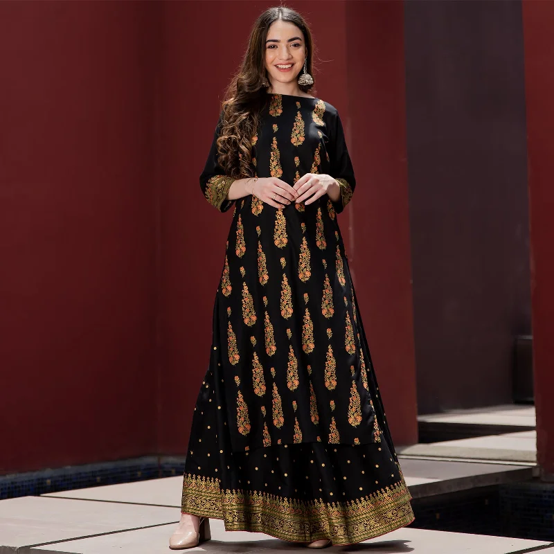 Black Festive Gold Printed Kurta with Black Skirt