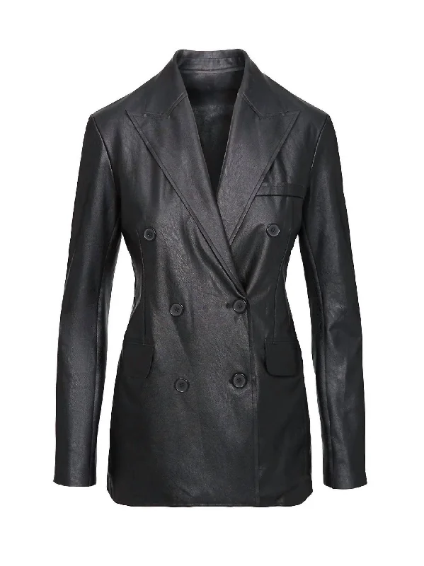 Faux Leather Double - Breasted Blazer Flt200 In Black