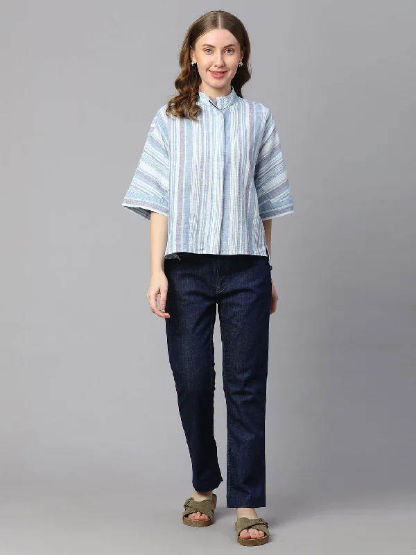 Women's Blue Cotton Linen Boxy Fit Blouse