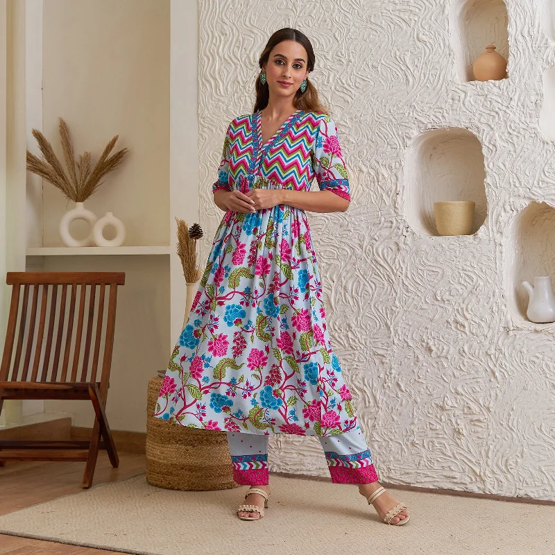 Lavender Floral Front Gathered Kurta Pant Co-ord Set