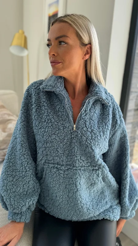 Layla Blue Teddy Style Half Zip Top