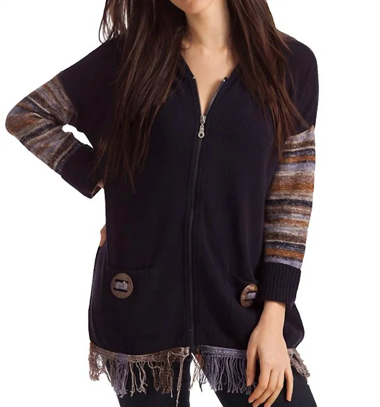 Mckenna Zip Hoodie W/ Fringe In Black Multi