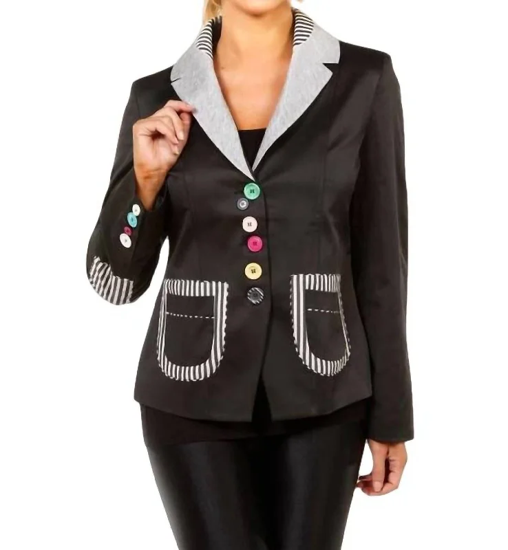 Mixed Media Button Blazer In Black/gray