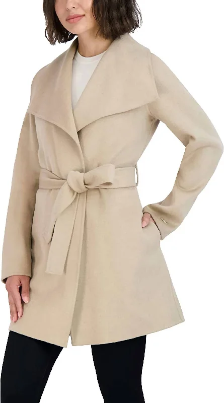 Womens Ella Jacket Wool Wrap Coat With Tie Belt In Light Beige Ivory